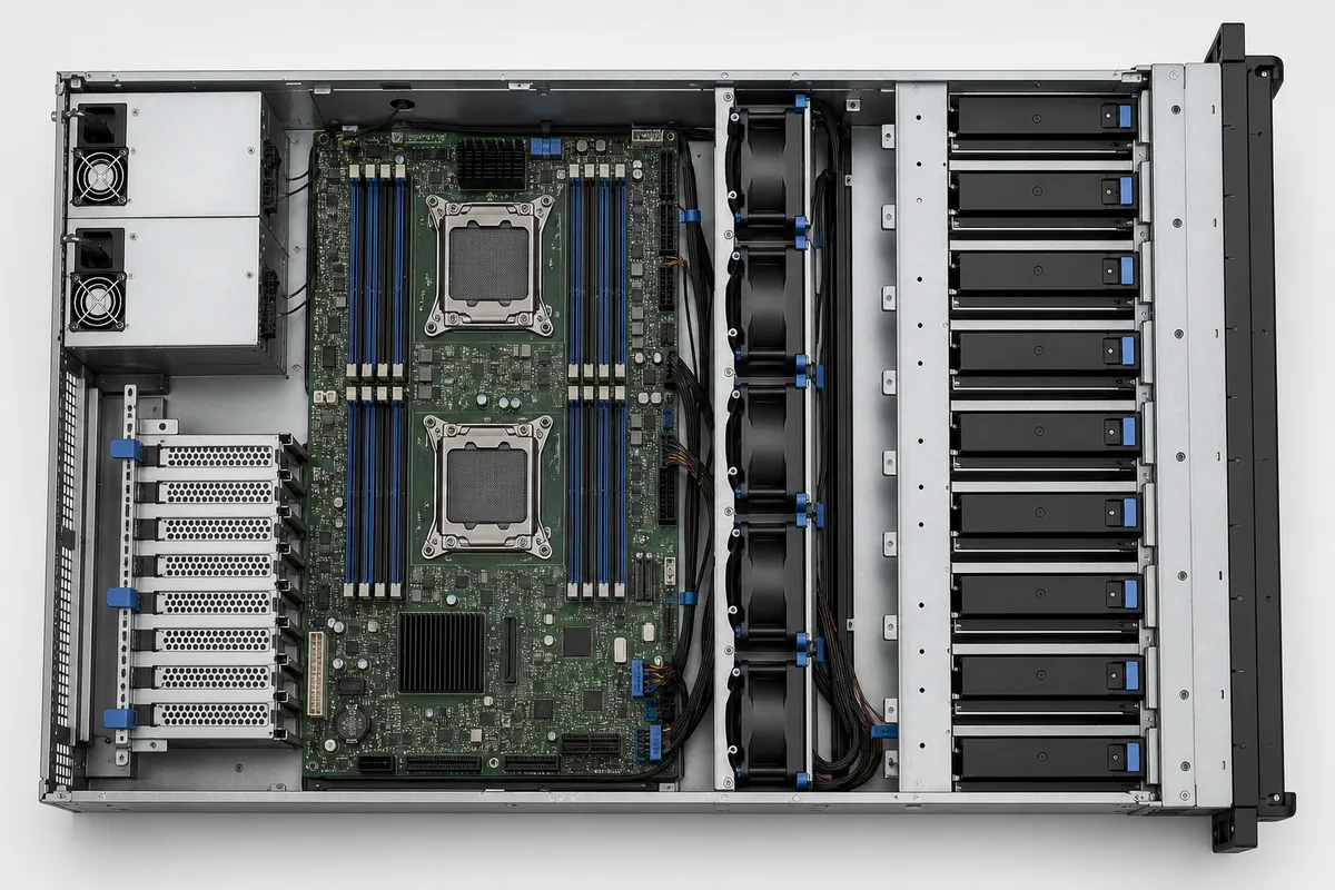 Internal layout of a 2U server showing power supply, fans, and expansion area