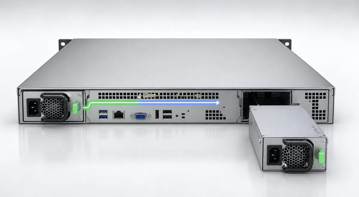 Complete rack server with one hot-swap power module removed while its redundant partner maintains power