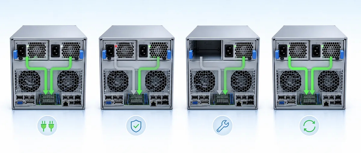 Four operating states of a compact dual hot-plug redundant server power system