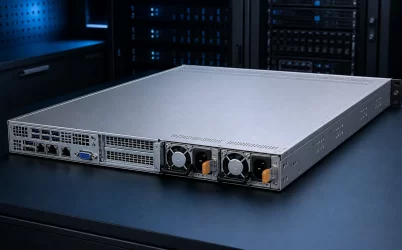 Complete compact server with dual hot-plug redundant power supply modules