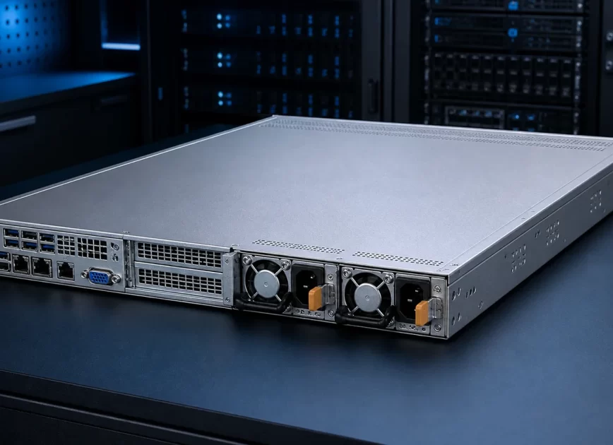 Complete compact server with dual hot-plug redundant power supply modules