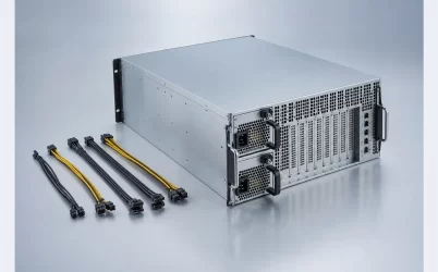 Complete 4U rackmount server with dual redundant power modules and organized detachable harnesses