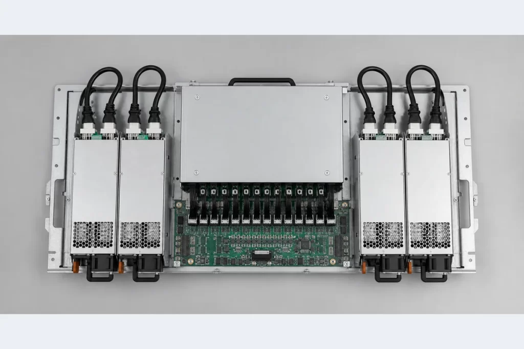Complete four-module server power assembly arranged as two symmetrical source groups