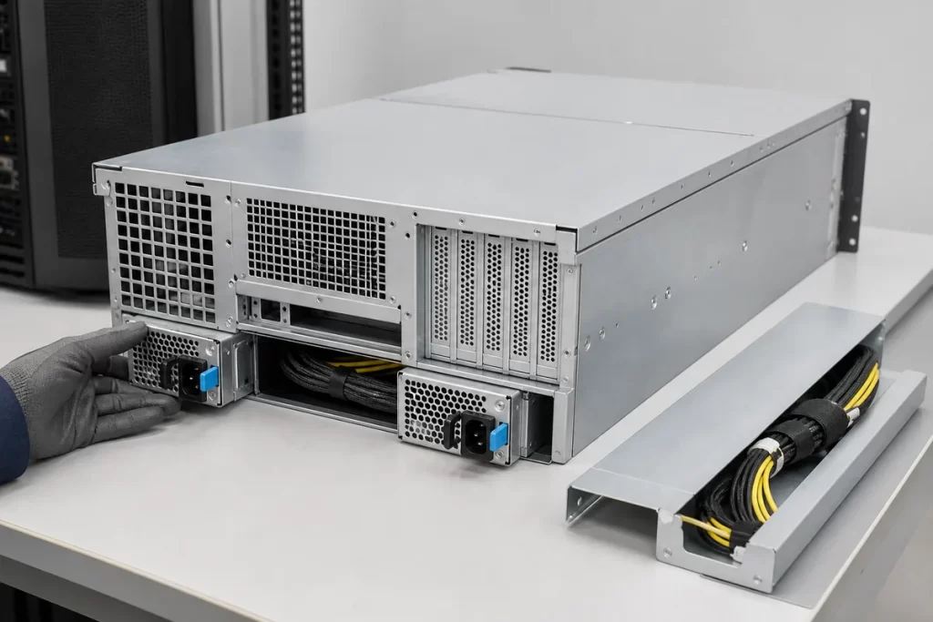 Complete 4U server showing dual PSU access, cable cover, and rear service clearance