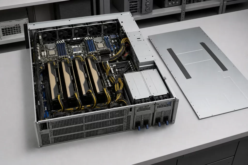 Complete 4U multi-GPU server showing modular power distribution to compute and accelerator load zones