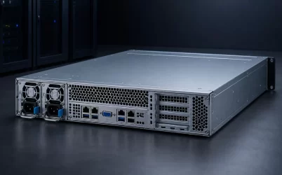 Complete 2U server with two rear hot-plug redundant power modules