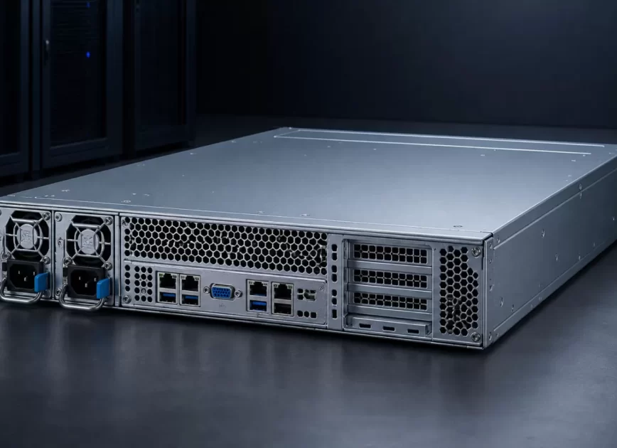 Complete 2U server with two rear hot-plug redundant power modules
