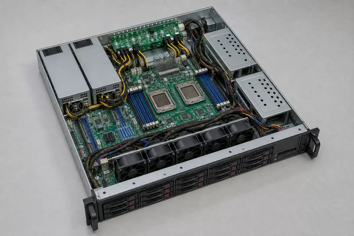 Complete 2U server interior showing two rear power modules feeding the system power path