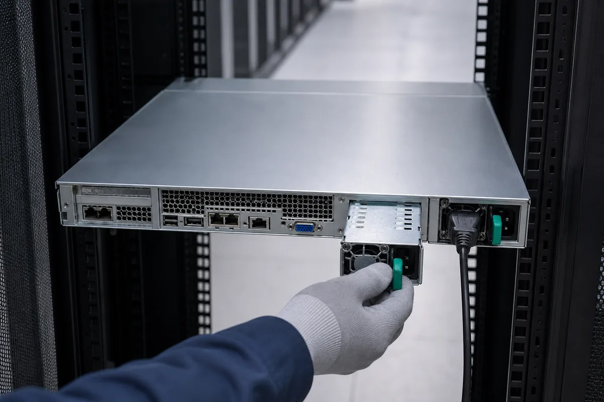 Technician withdrawing one hot-plug server PSU while the second redundant module remains connected