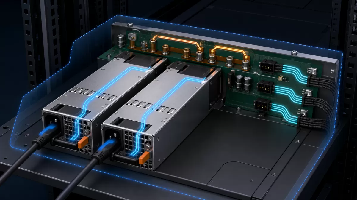 Dual hot-plug modules connected through a shared server power distribution board