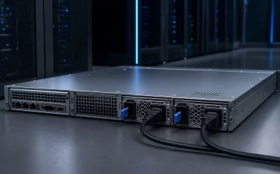 Complete 1U server with two high-line hot-plug redundant power supply modules