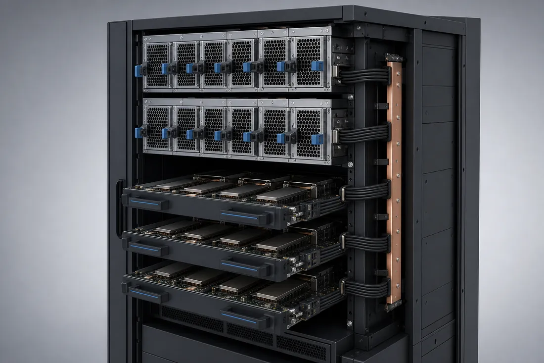 Rack-level power shelves feeding GPU compute trays through a vertical busbar architecture