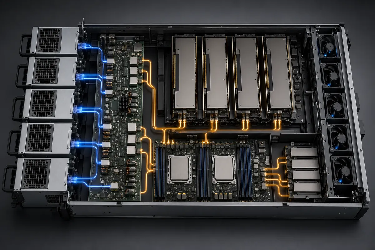 Cutaway view of power modules feeding accelerator boards, processors, memory, storage, and cooling fans