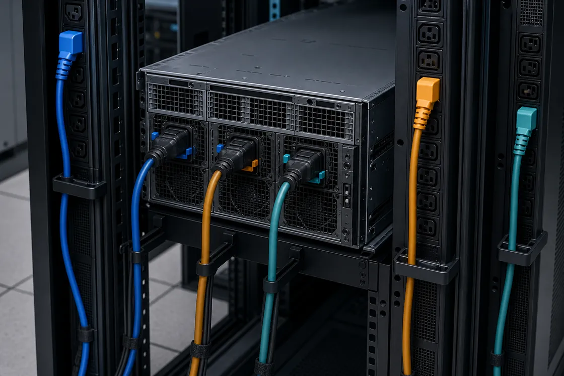 Rear view of a dense server connected to three separated rack power-distribution paths