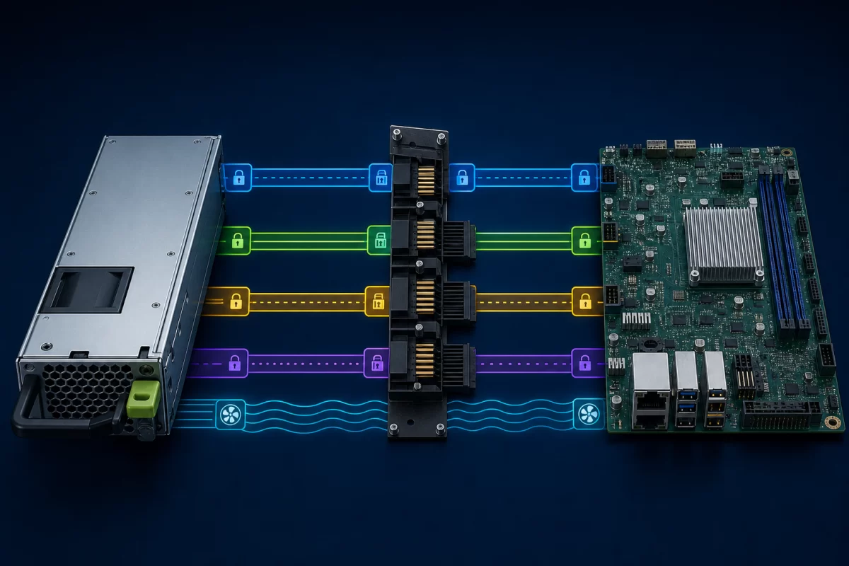 Common redundant power supply connected to a host through mechanical power control management and airflow layers