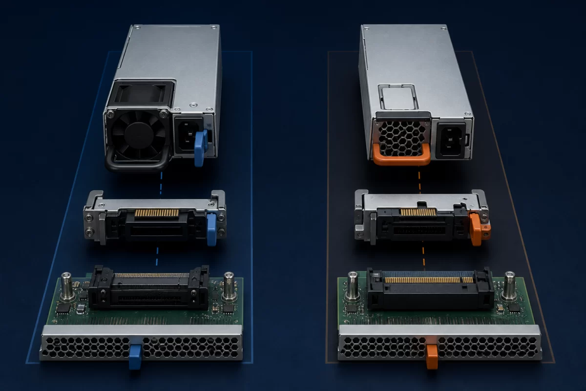 Two complete common redundant power supply ecosystems with distinct keyed interfaces