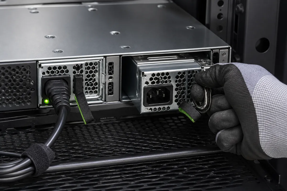 Technician removing a disconnected power module while the matching redundant module remains powered