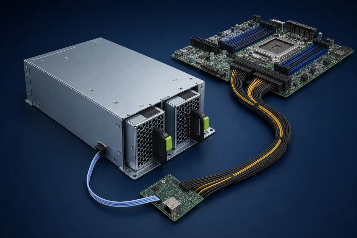 Complete CRPS modules, PDB assembly, output harness, motherboard, and management connection