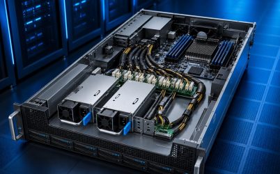 Complete rack server showing two CRPS modules connected through a power distribution board to host electronics