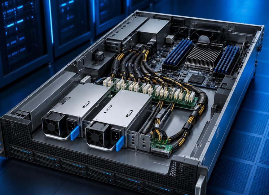 Complete rack server showing two CRPS modules connected through a power distribution board to host electronics