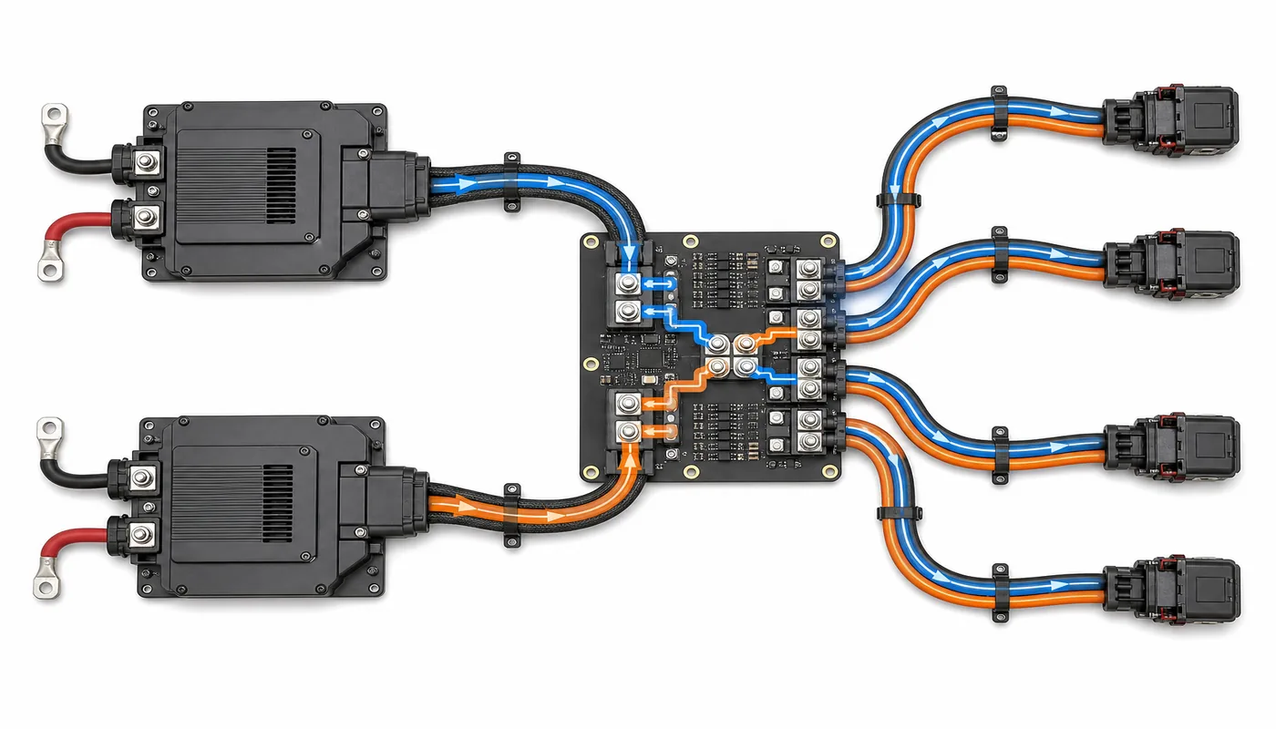 Complete 1+1 CRPS assembly with PDB and output current paths