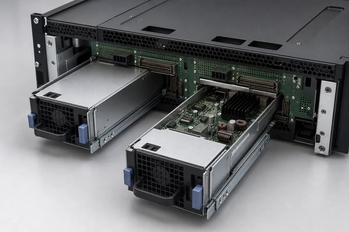 One CRPS module seated and another aligned with a shared server power-distribution backplane