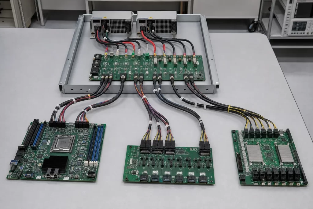 Complete CRPS PDB assembly distributing power to motherboard, storage, and accelerator load zones