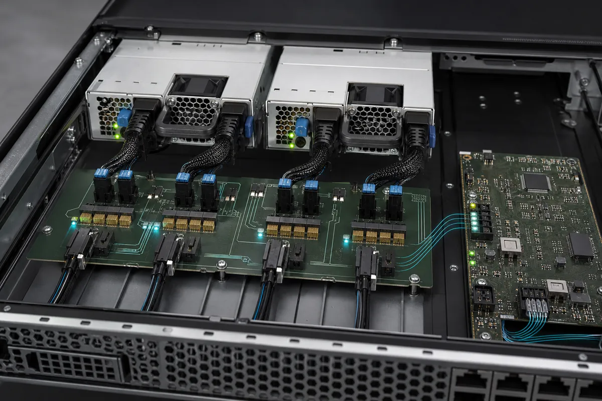 Redundant server power modules connected to distribution and management circuit boards