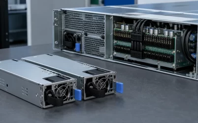 Two compact redundant server power modules beside a server power-distribution backplane