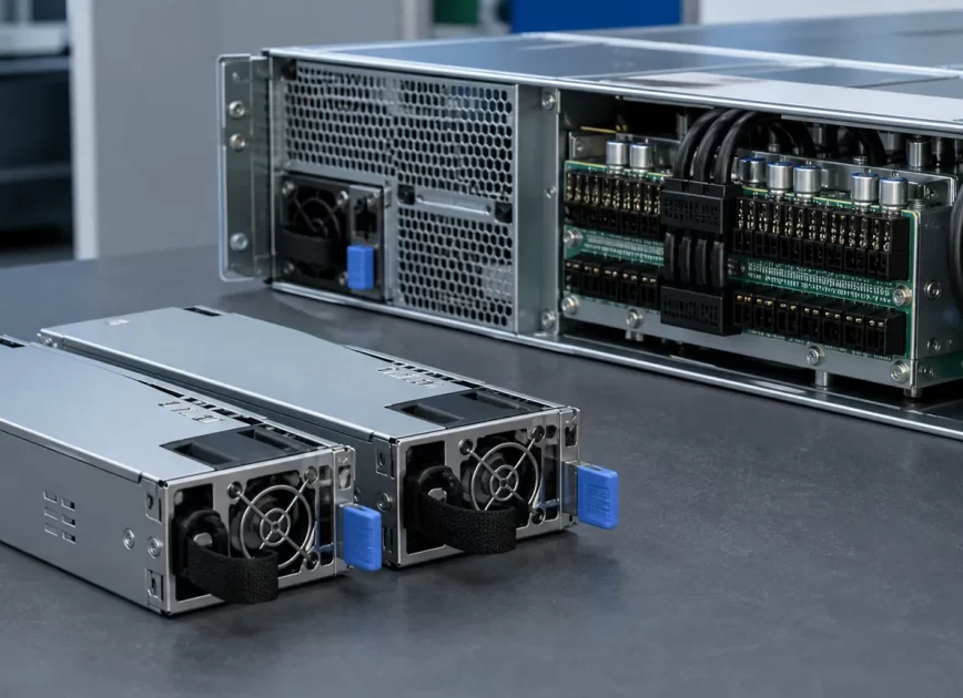 Two compact redundant server power modules beside a server power-distribution backplane