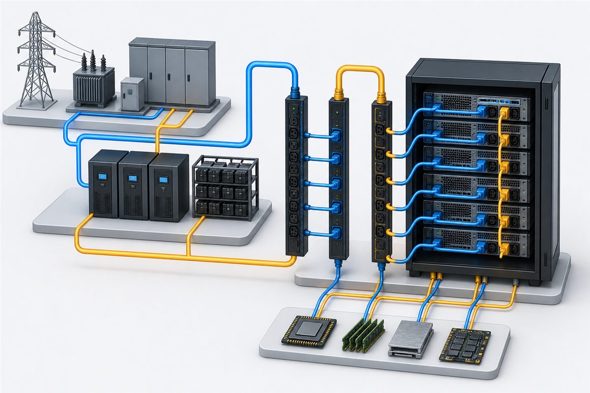 Dual data center power paths from facility sources through rack PDUs to redundant server PSUs