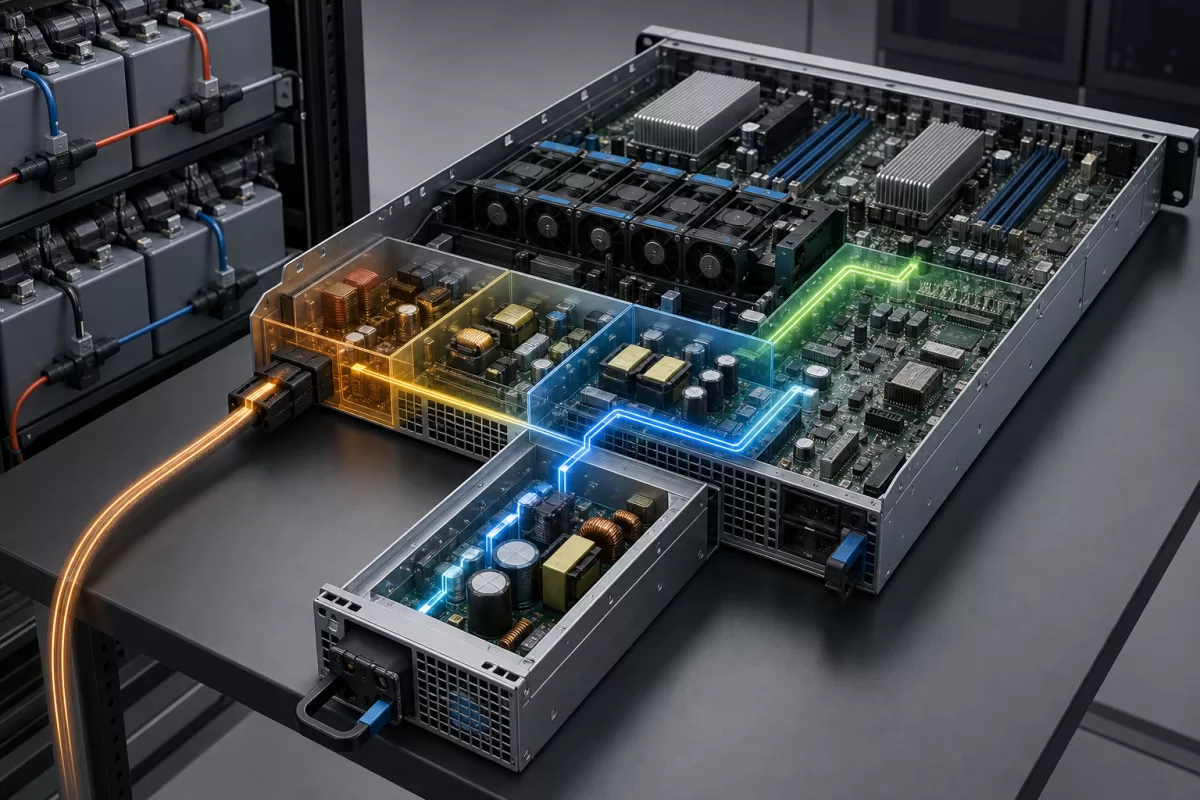Complete DC-fed server showing the protected path from a battery-backed rack bus through the PSU to the distribution board
