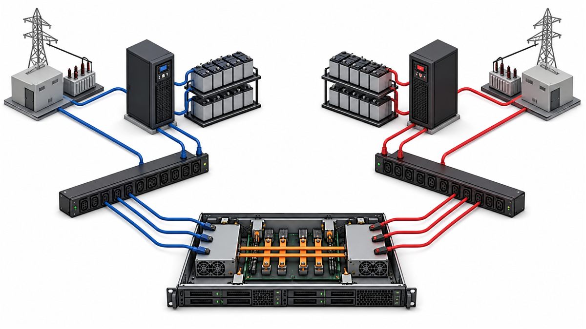 Independent A and B paths feeding a redundant rack server power system