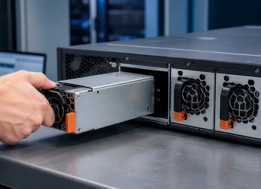 Complete hot-plug server power module aligned with a redundant server bay