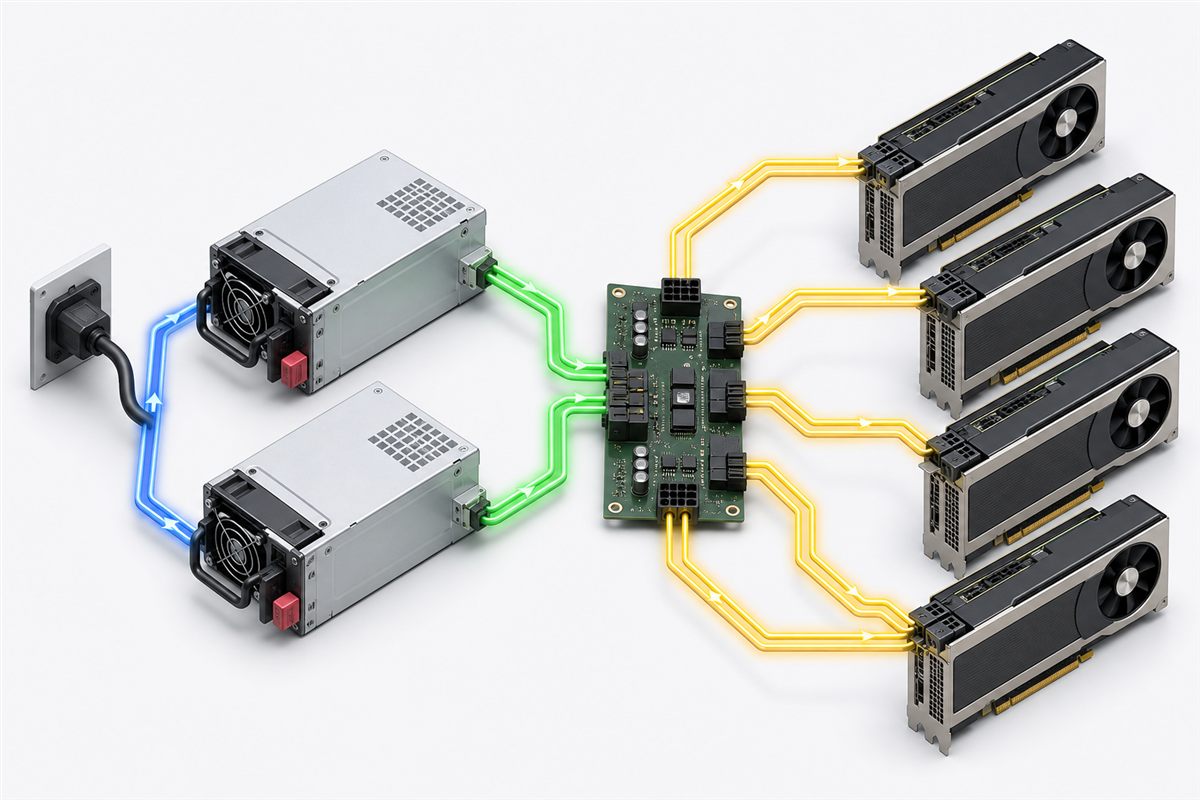 Redundant GPU server power path from AC inputs through PSUs and a distribution board