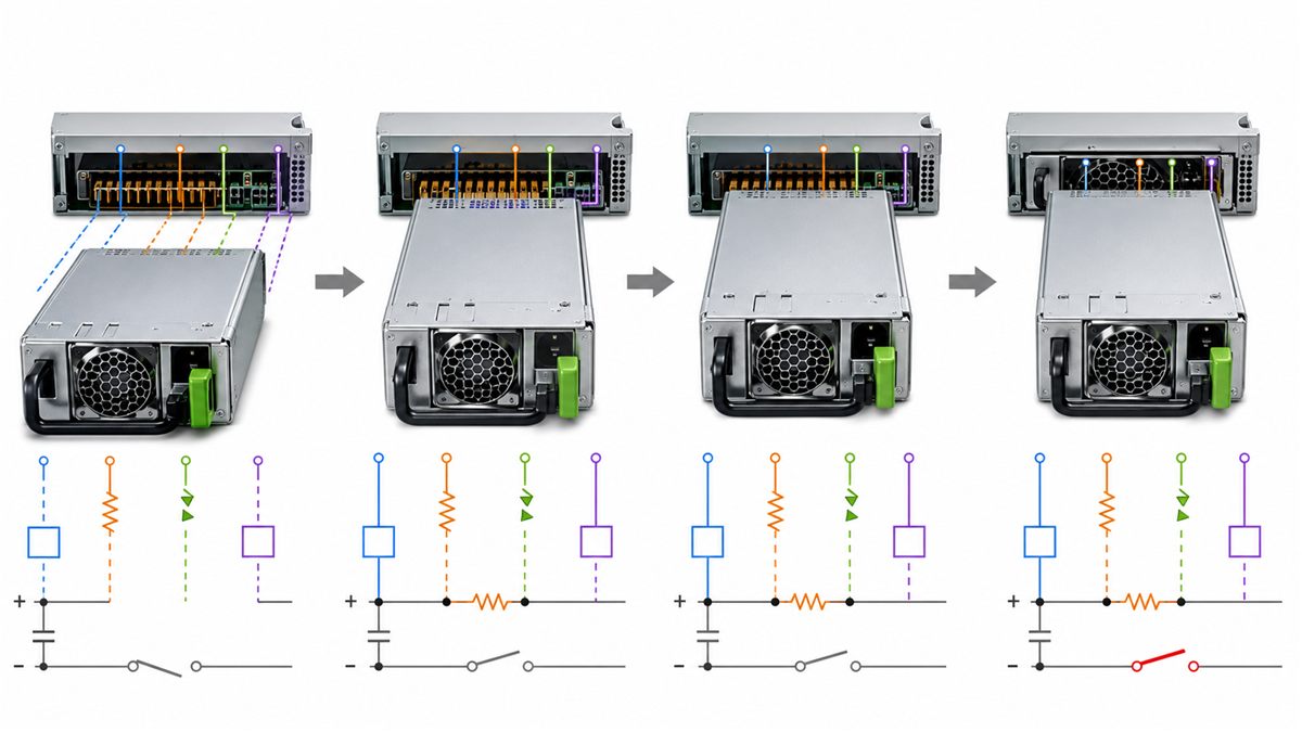 Contact sequencing and inrush control for a redundant hot swap power supply