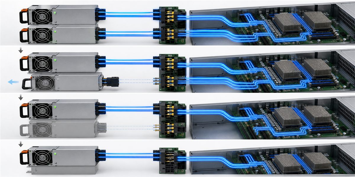 Sequence of redundant server PSU load sharing, removal, and continued operation