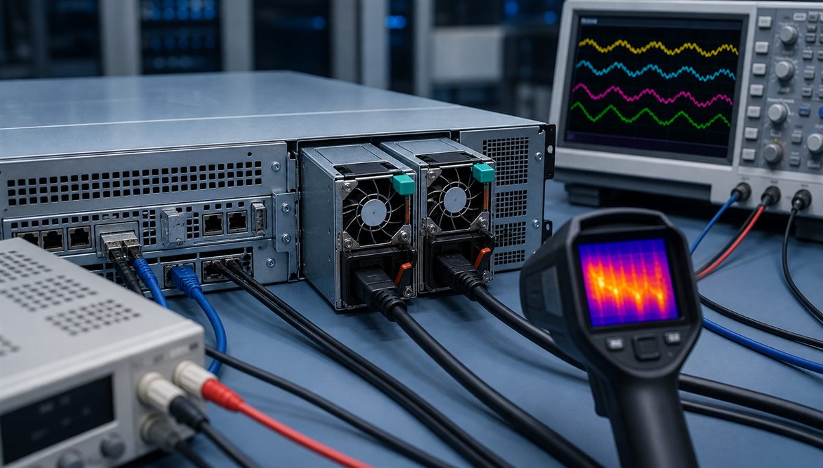 Hot-swap server power supply validation with electronic load and thermal monitoring