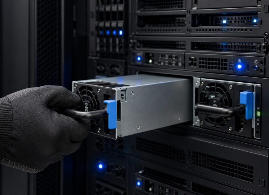 Hot-swap server power supply being removed from a redundant server