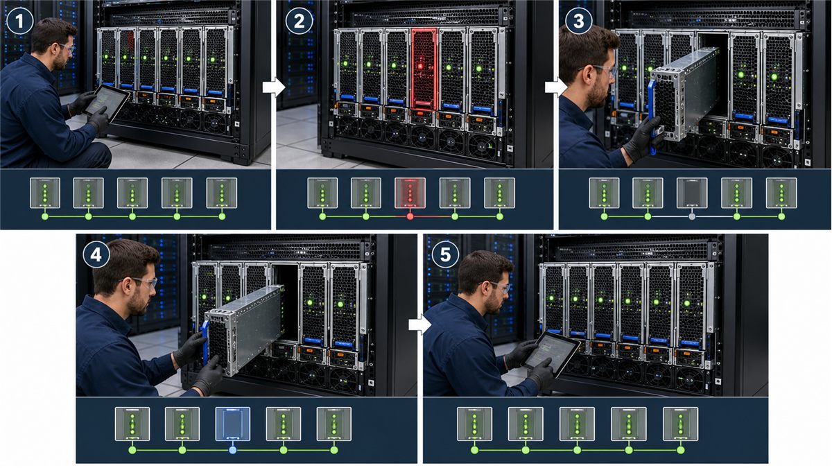 Verified service workflow for replacing a redundant hot swap PSU module