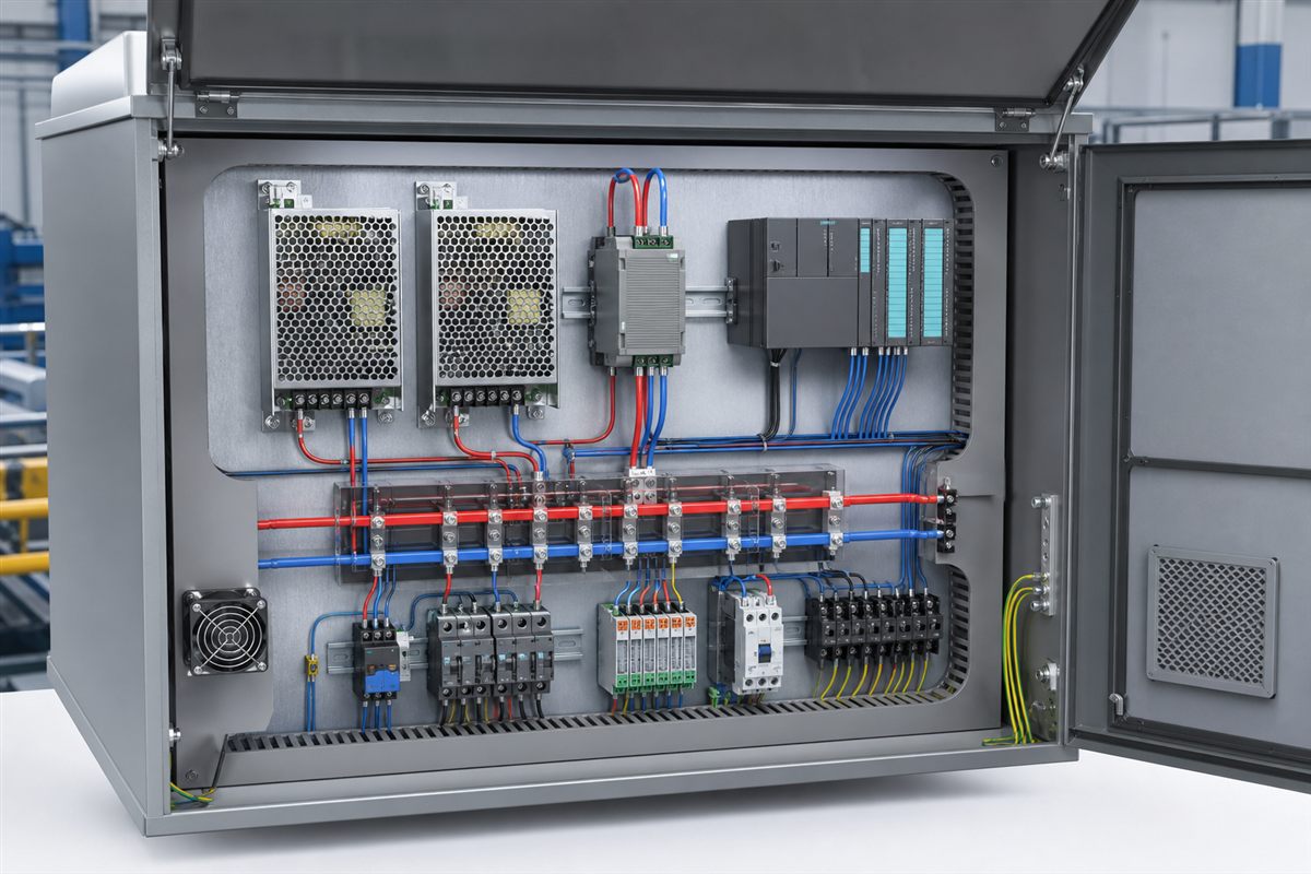 Industrial cabinet with two switching power supplies feeding a protected redundant DC distribution bus