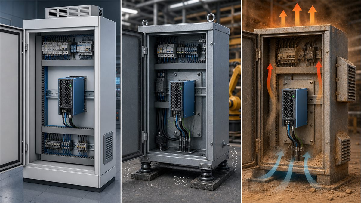 Industrial AC-DC supply environments including cabinets machinery and communications equipment