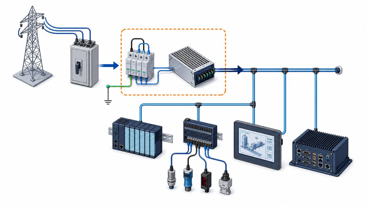 Industrial AC to DC power path from protected mains input to control loads