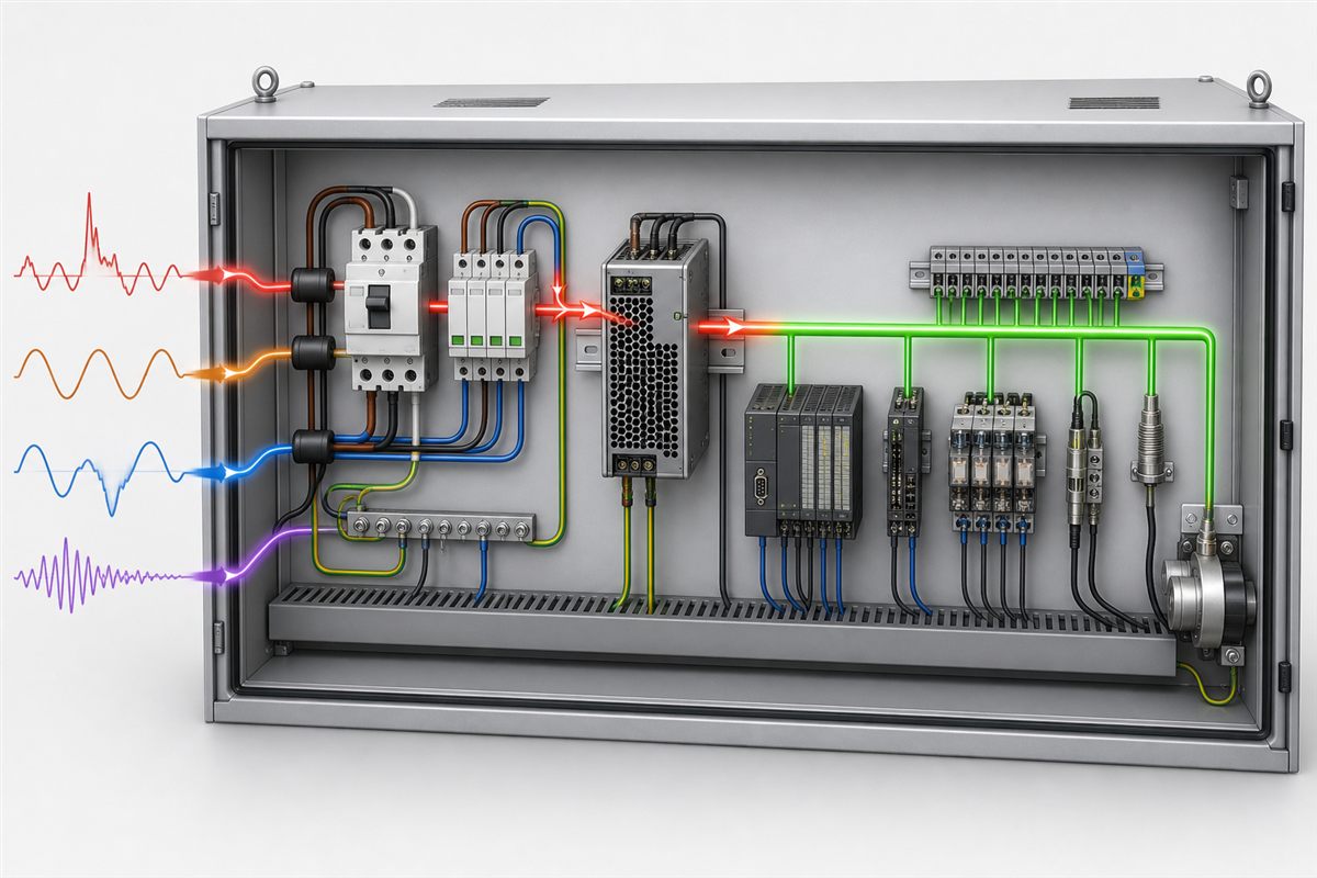 Industrial control cabinet showing mains disturbances passing through a switching power supply to mixed DC loads