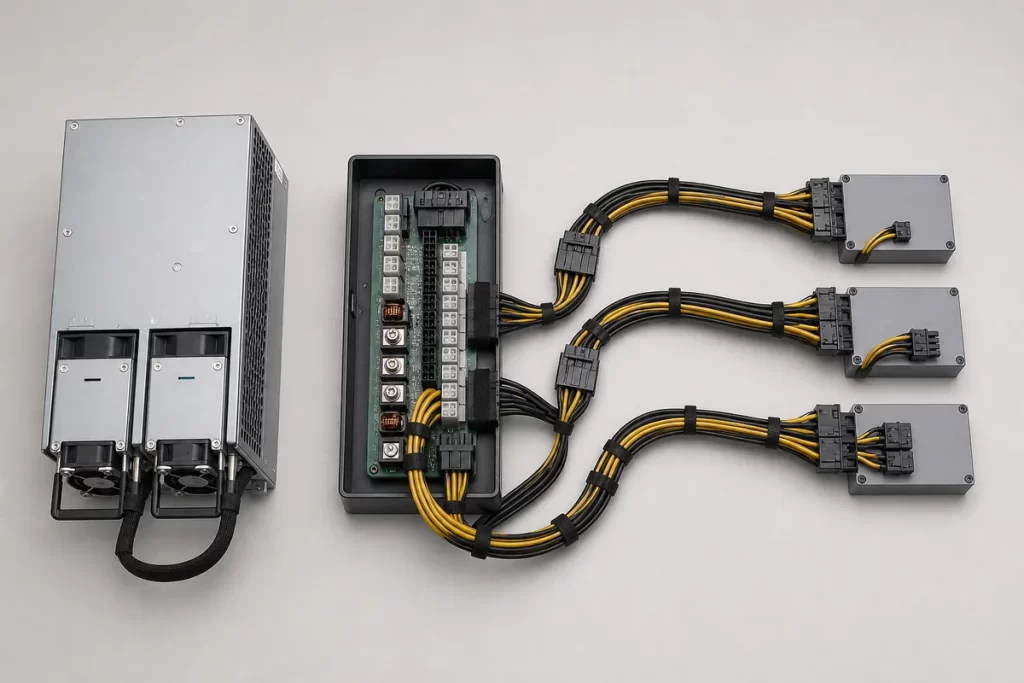 Complete redundant PSU cage, power distribution board, and organized output harness branches