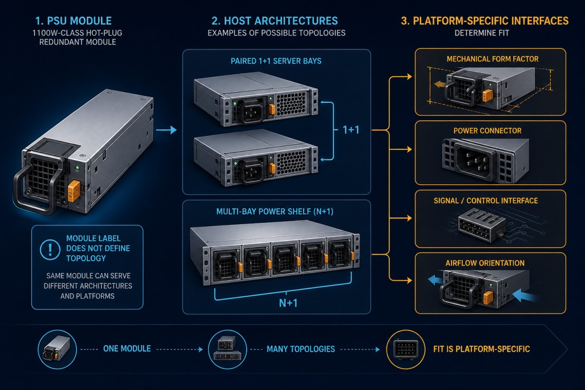 An 1100W-class hot-plug PSU module can participate in different redundant host architectures
