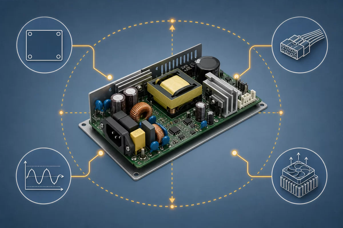 Open-frame power platform linked to mechanical, connector, output behavior, and cooling customization choices