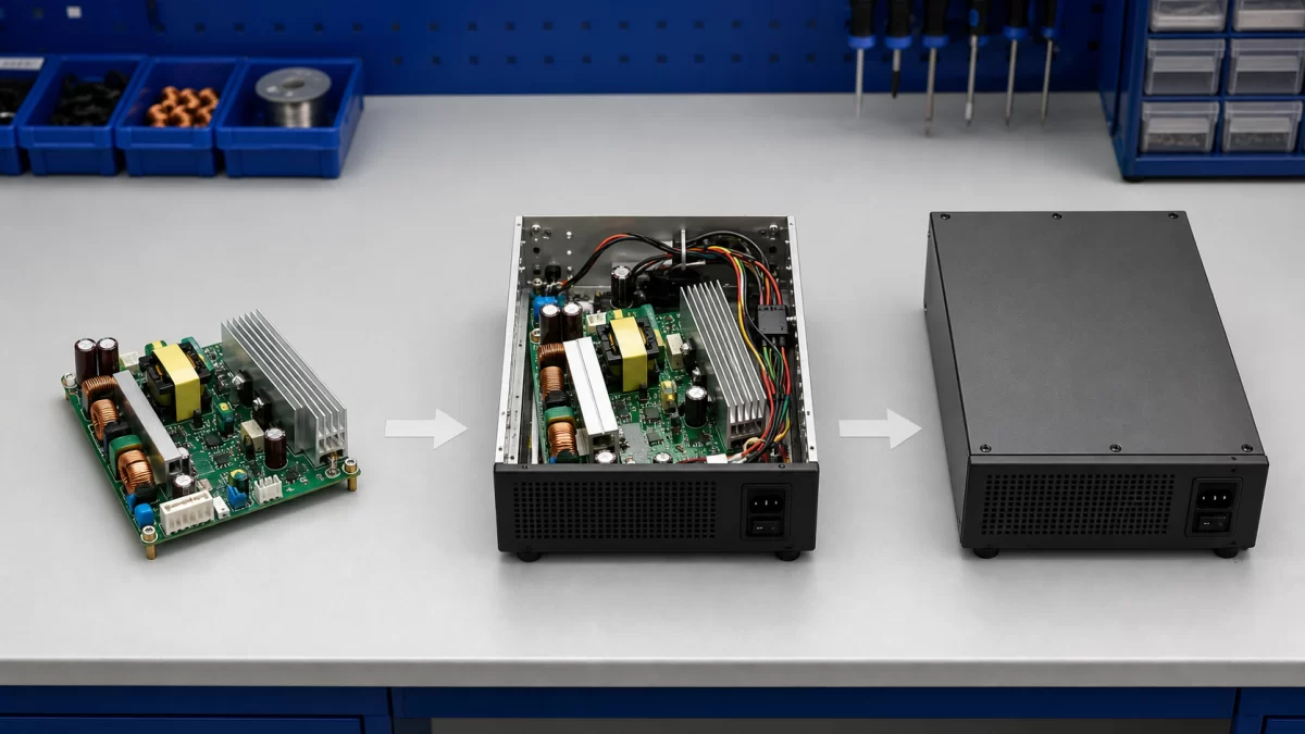 Open-frame power supply moving from a platform board through enclosure fit testing to an integrated product