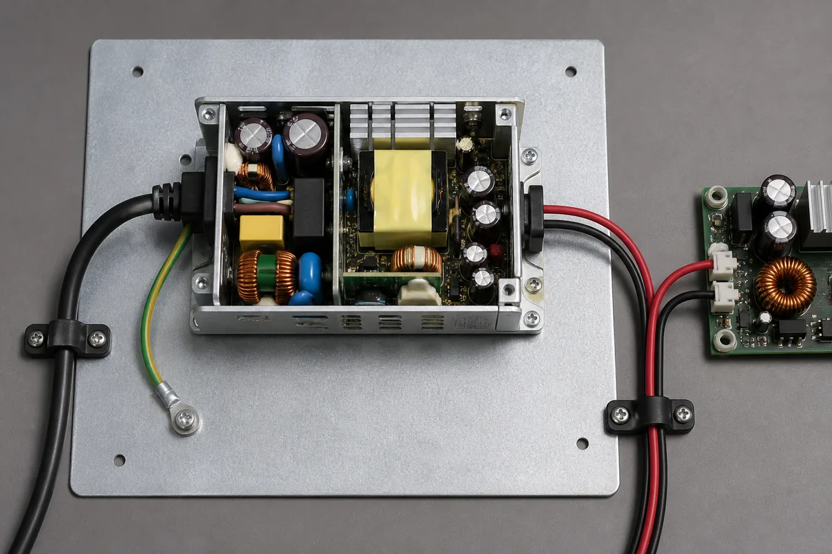 EMC integration of an open frame switching power supply with controlled wiring and chassis grounding