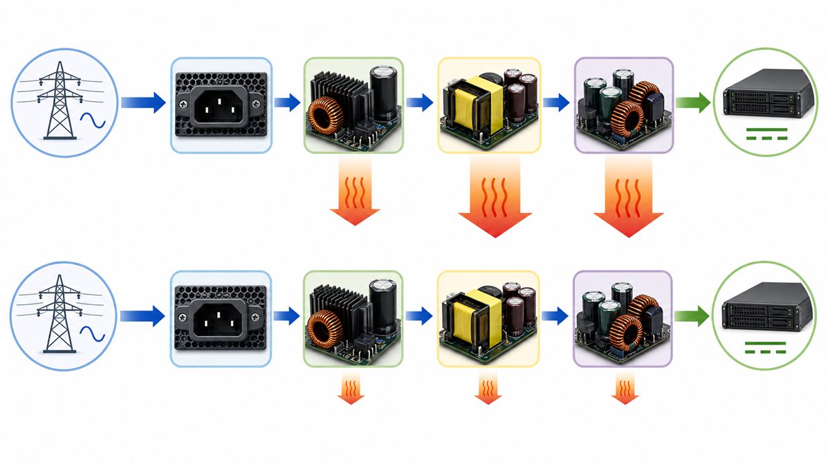 Energy flow and conversion loss in an 80 Plus Platinum server power supply